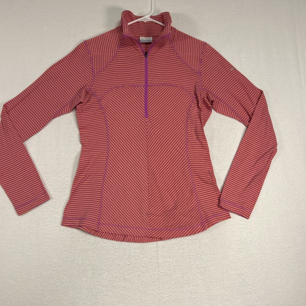 Columbia Sweater Womens Small Pink 1/2 Zip Fitted Pullover Mock Knit Striped